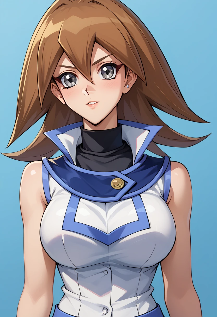 score_9_up, score_8_up, score_7_up,score_6_up, score_5_up, score_4_up, ,1girl, solo, Large breasts, yu-gi-oh!gx, yu-gi-oh!, jasmine (yu-gi-oh gx), grey eyes, duel academy uniform, momoehama,, sleeveless jacket, blue skirt, turtleneck, flirting, cowboy shot, simple background