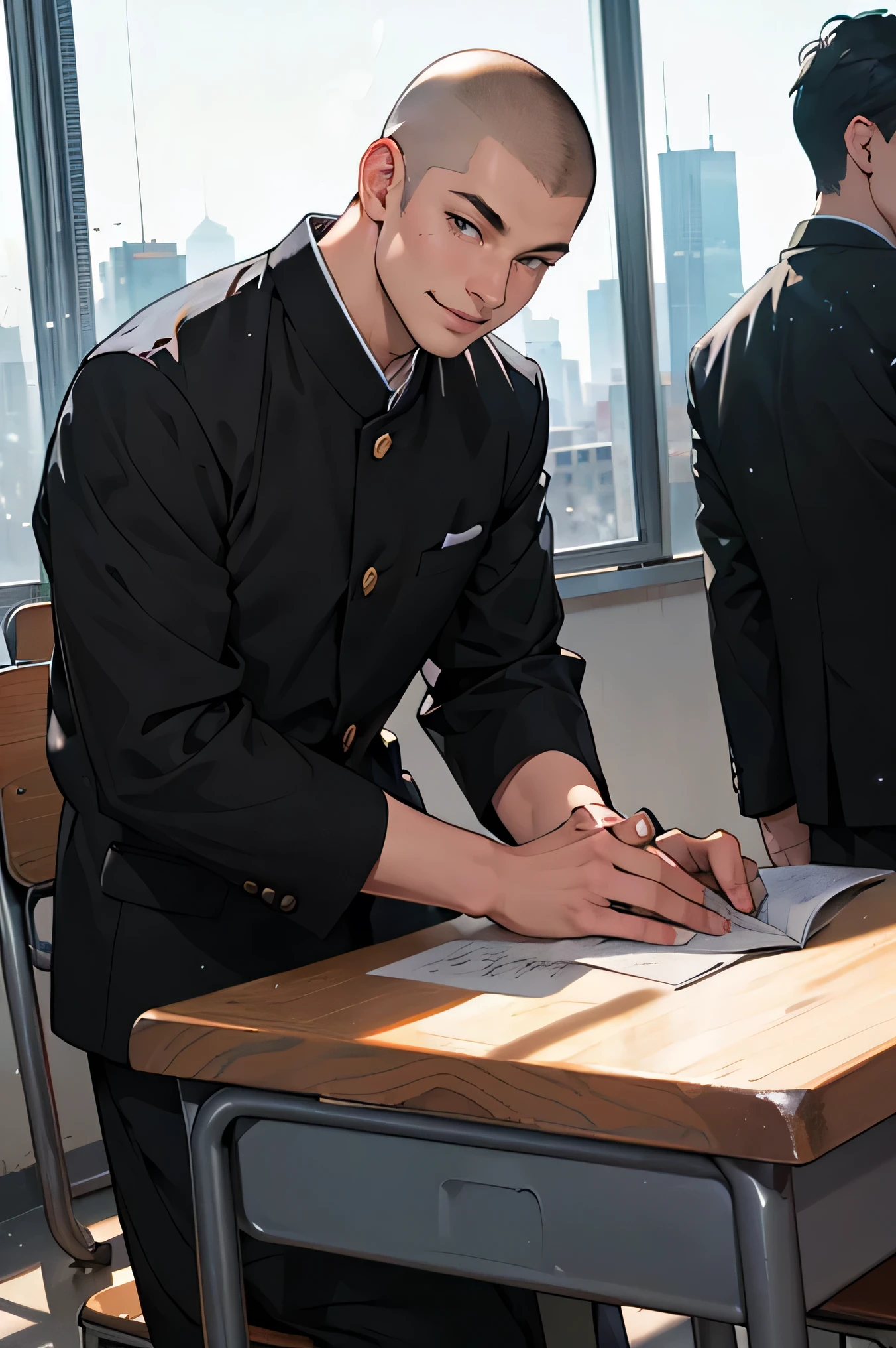  Japanese man 　　handsome　Short black hair 　Shaved head　Shaved head　adults　short cropped 　　smile　In the classroom　　outside the window is a group of snowy futuristic urban skyscrapers　Black school run　 school uniform　Black school run　sit on the desk with both hands