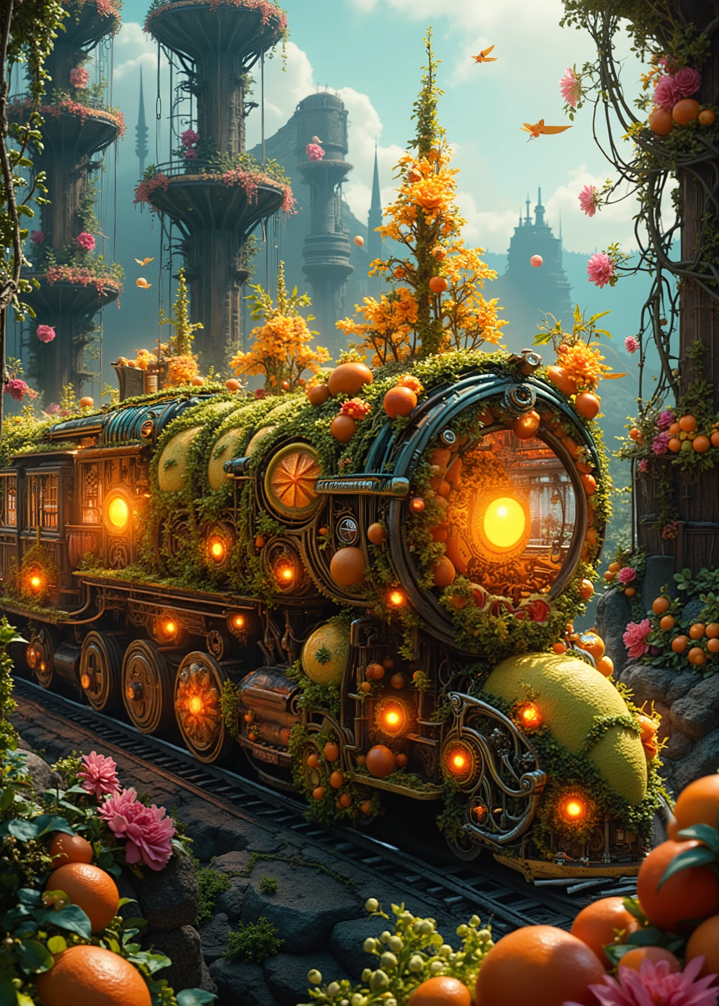 A time-traveling train made of fruit, surreal, photorealistic, 8k, complicated details, bright colors, Dramatic Lighting, very detailed, elegant, steampunk, fantasy, magic , surreal