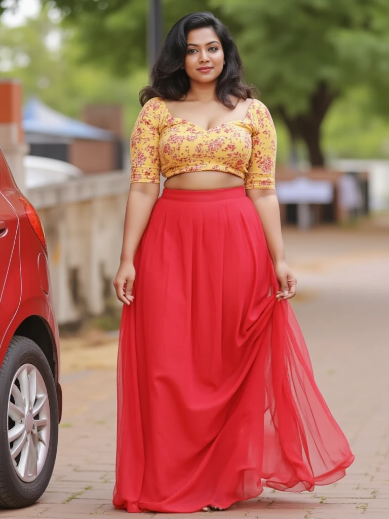 Day scene, A radiant, full-figured South Indian 35 year old aunty a cream colour chiffon mini skirt and black chiffon shirt, standing, in a garden captured in a full-body image with vibrant hues and meticulous details. Full body image