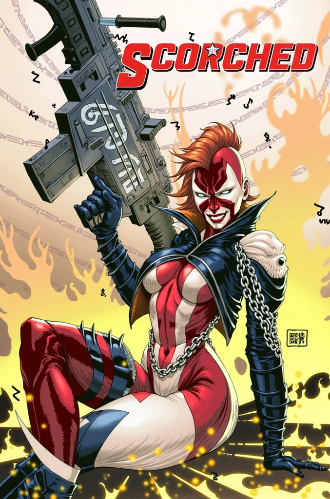 Dorohedoro Style, sexy young girl, a scary mask with short red hair sticking out from under it, a heavy leather jacket with spikes, jeans, a girl holding a sword