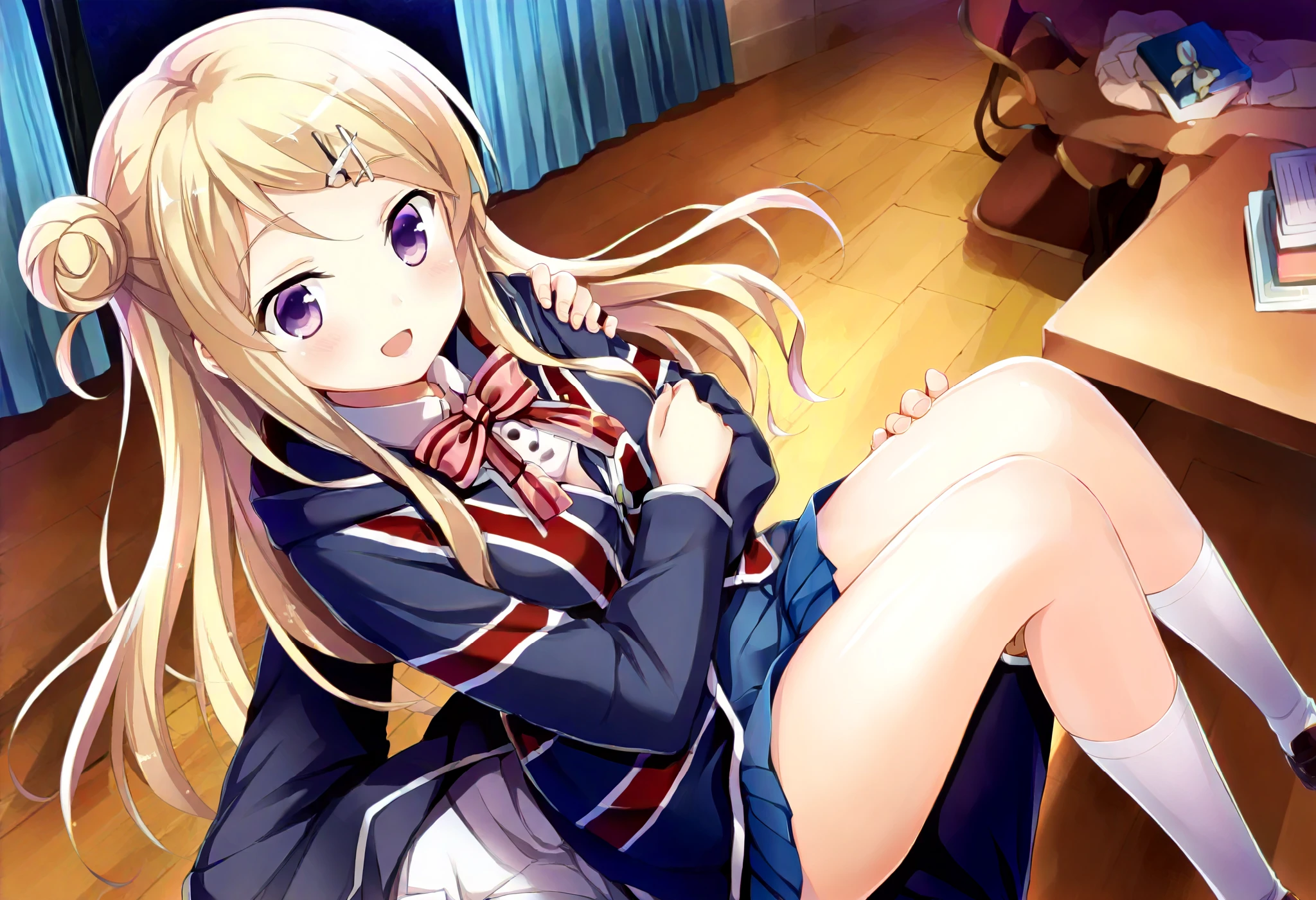 p0vpr1nc4rry, The Princess Is Carrying, Carrying Person, from above, Aside, Lying in Your Arms, indoors, dark, very dark、 Gold、ribbons、bow tie、chest、Floating hair、bun hair、hair ornaments close to the garden、hair clip for hair、jacket、Kin-iro mosaic、Karen Kujo、long hair、Medium breast、Moeko High School uniform、purple eyes、school uniforms、 shirt、シングルbun hair、skirt、star( symbol)、 Union Jack、x のhair ornaments close to the garden、