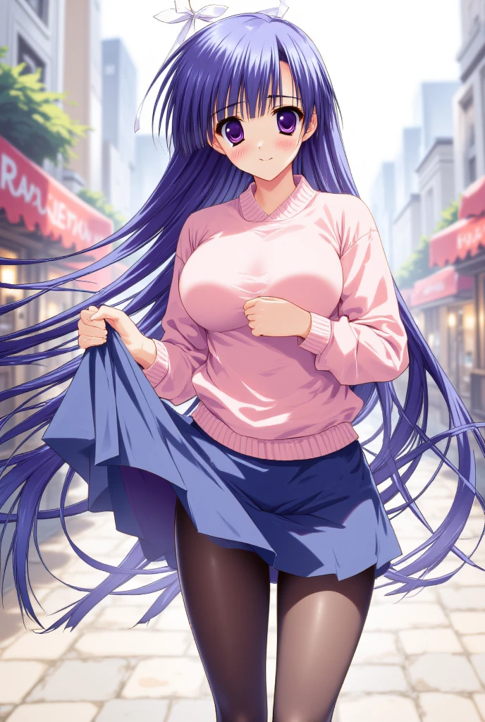 (masterpiece:1.37), best quality, (extremely detailed:1.37), (1girl:1.5), woman, (mature:1.5), (adult:1.5), large breasts, very long hair, (straight hair:1.5), (very dark purple hair:1.5), purple eyes, (extremely detailed eyes:1.37), sweater, scarf, jeans, desperation, (wetting self:1.5), standing, embarrassed, humiliation, blushing, angry, town, snowing, street, golden hour