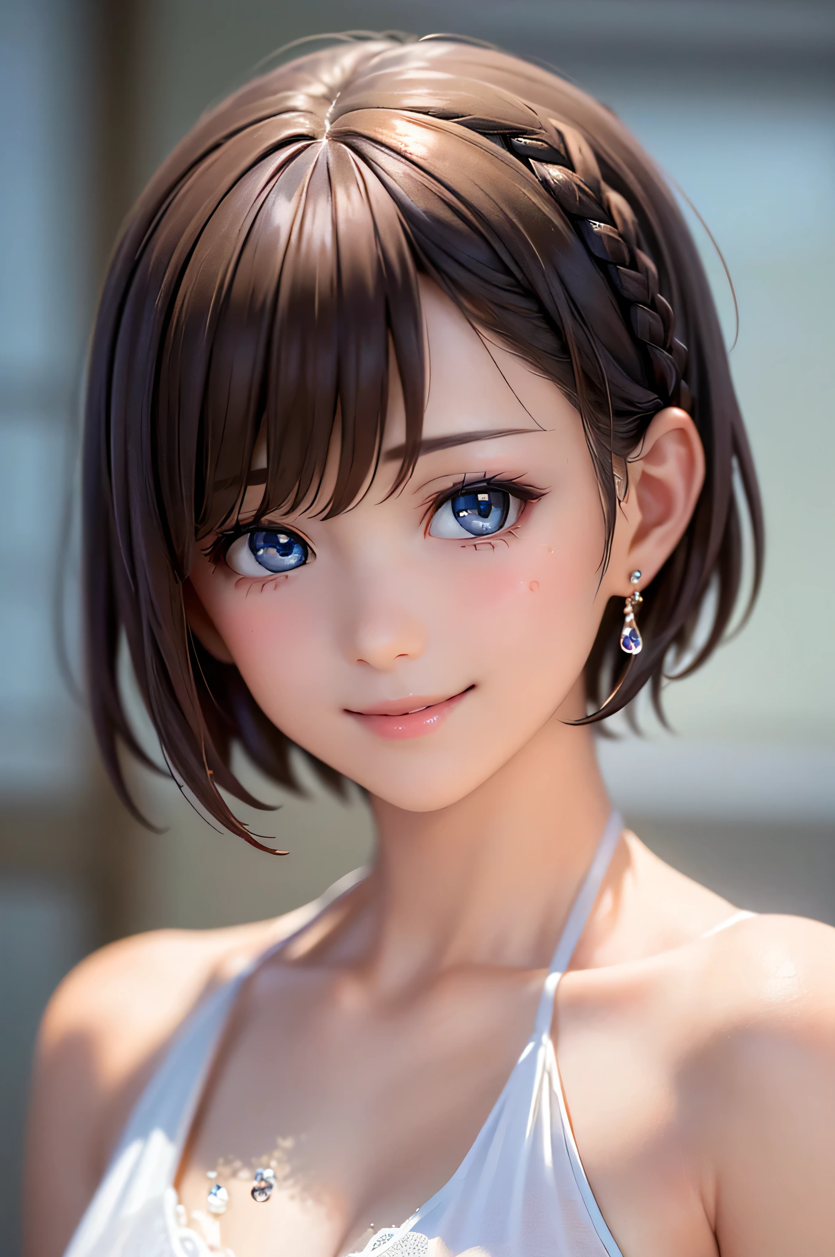 , ( brown short hair :1.5,Halterbra:1.5,Short braids:1.5), (photorealistic:1.8), (masterpiece, sidelights in the form of drops, Exquisitely Beautiful Eyes: 1.5), masterpiece portraits, realistic, 3d face,(cute face), front view: 1.6、 ( sparkling blue eyes :1.2),plump face:1.5,(We say:1.5)、(charming smile:1.2),Rosy Mouth, because I get used to ', abs, shiny hair, brown tanned skin , glowing skin flowing down the forehead: 1.5、medium chest,Chest、alone,(stand)、wet skin flowing with water drops、(black thin tube top bikini:1.4)、(character focus:1.5、 portraits:1.5、Photo of the upper body above the waist), (Midsummer Beach Background:1.4), blue sky,