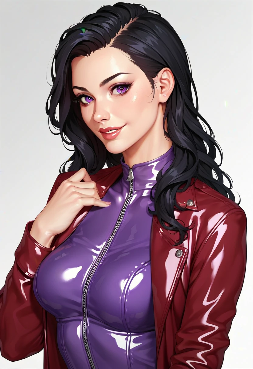 A woman with long black hair, wearing a pink cosplay jacket, and a short skirt that goes a little past the knee, gray in color, is an adventurer, and has sexual feelings.