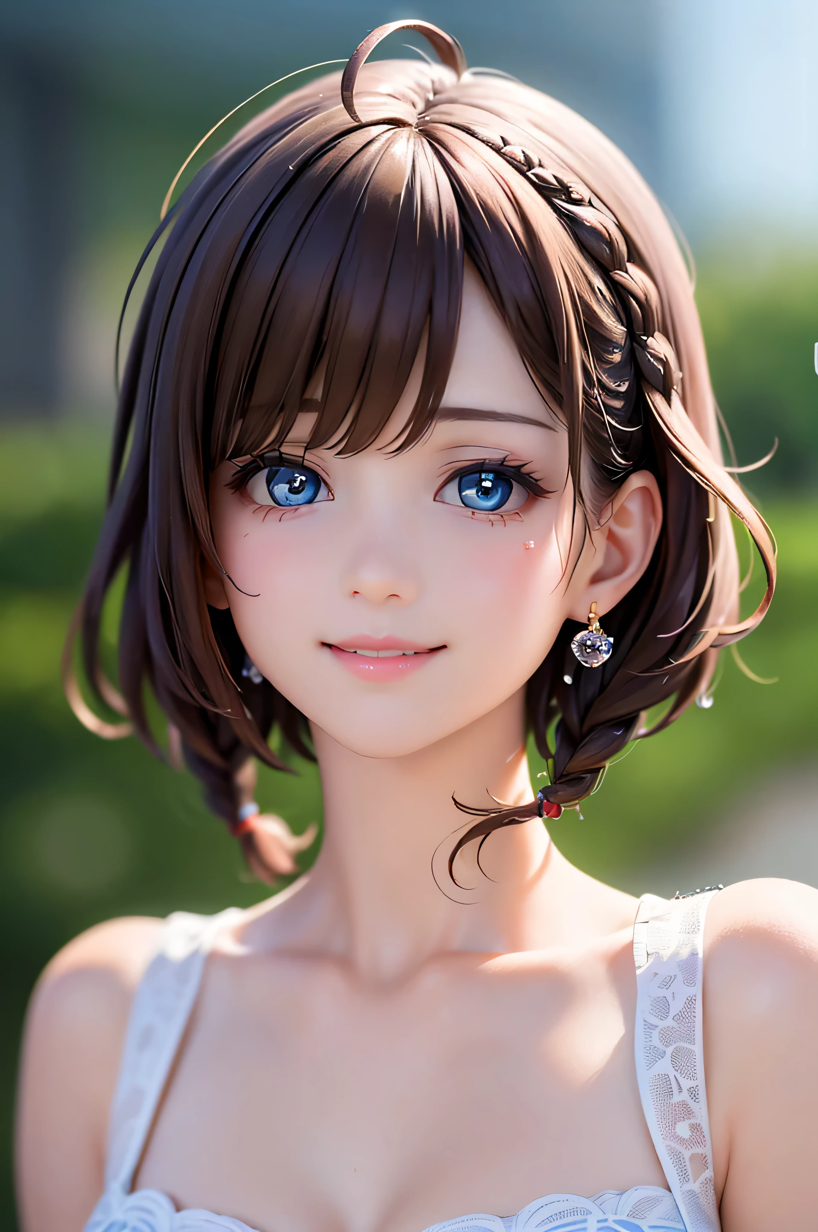 , ( brown short hair :1.5,Halterbra:1.5,Short braids:1.5), (photorealistic:1.8), (masterpiece, sidelights in the form of drops, Exquisitely Beautiful Eyes: 1.5), masterpiece portraits, realistic, 3d face,(cute face), front view: 1.6、 ( sparkling blue eyes :1.2),plump face:1.5,(We say:1.5)、(charming smile:1.2),Rosy Mouth, because I get used to ', abs, shiny hair, brown tanned skin , glowing skin flowing down the forehead: 1.5、medium chest,Chest、alone,(stand)、wet skin flowing with water drops、(black thin tube top bikini:1.4)、(character focus:1.5、 portraits:1.5、Photo of the upper body above the waist), (Midsummer Beach Background:1.4), blue sky,
