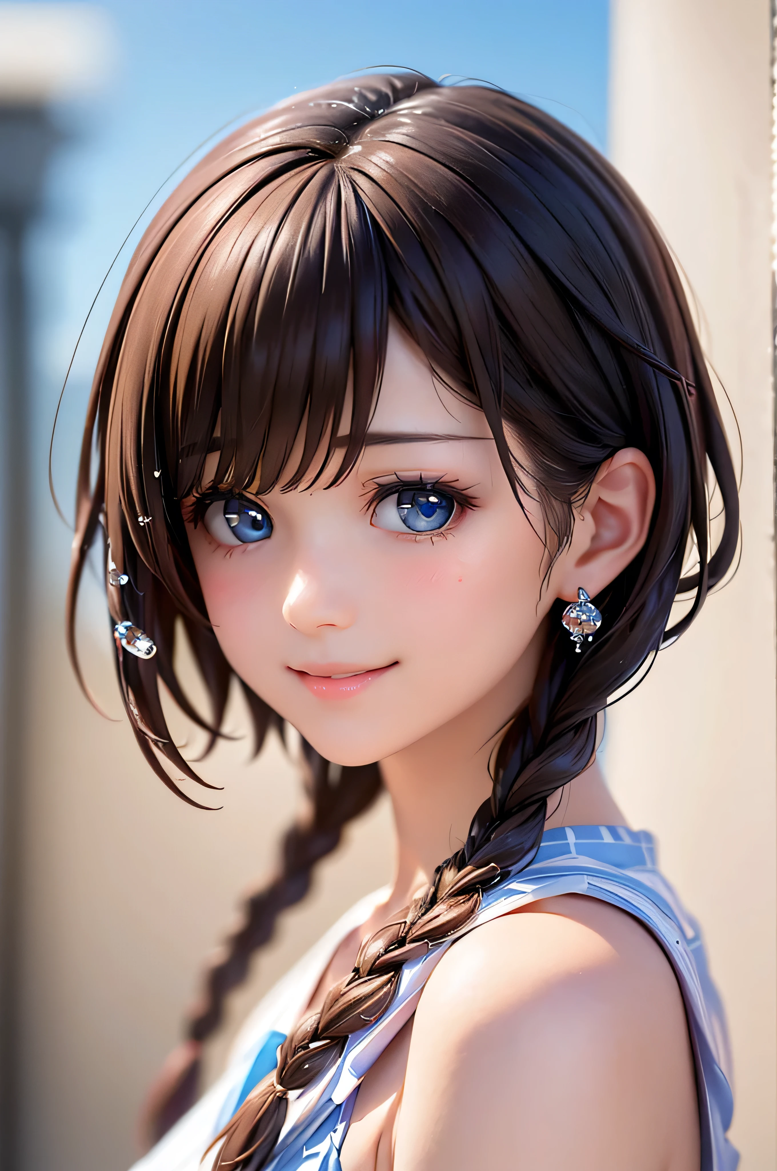, ( brown short hair :1.5,Halterbra:1.5,Short braids:1.5), (photorealistic:1.8), (masterpiece, sidelights in the form of drops, Exquisitely Beautiful Eyes: 1.5), masterpiece portraits, realistic, 3d face,(cute face), front view: 1.6、 ( sparkling blue eyes :1.2),plump face:1.5,(We say:1.5)、(charming smile:1.2),Rosy Mouth, because I get used to ', abs, shiny hair, brown tanned skin , glowing skin flowing down the forehead: 1.5、medium chest,Chest、alone,(stand)、wet skin flowing with water drops、(Thin micro bikini:1.4)、(character focus:1.5、 portraits:1.5、Photo of the upper body above the waist), (Midsummer Beach Background:1.4), blue sky, blue sea,
