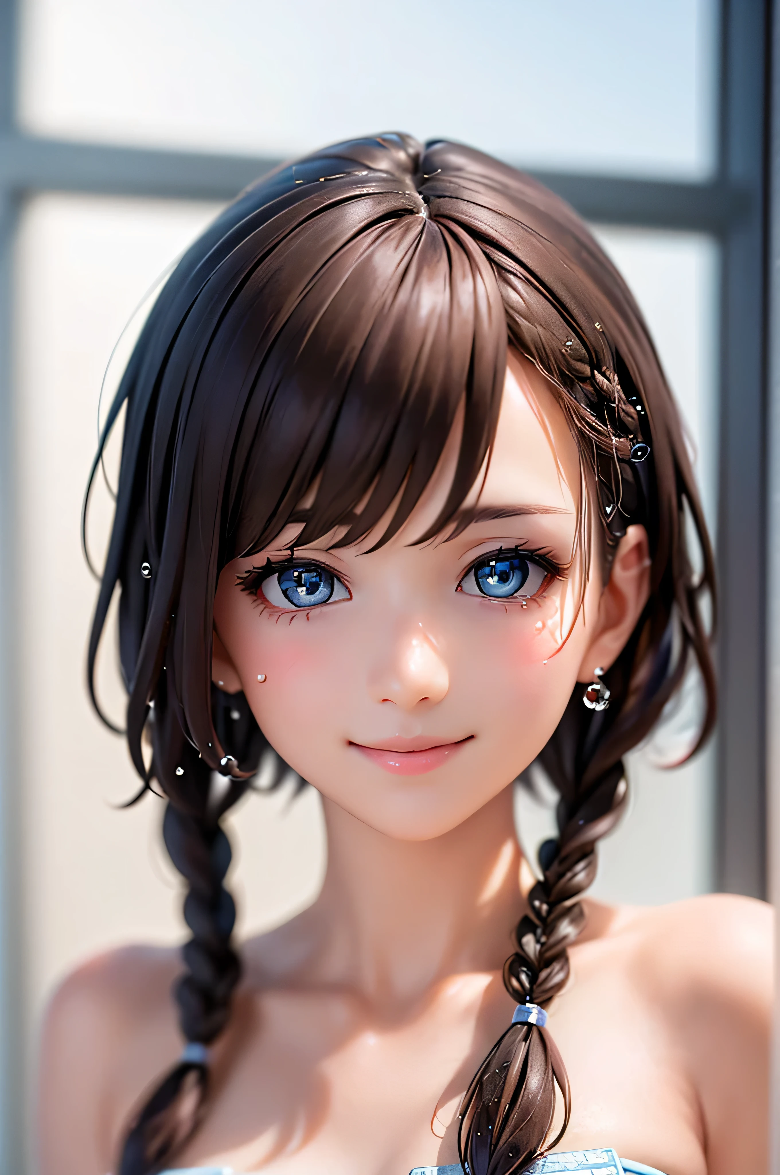 , ( brown short hair :1.5,Halterbra:1.5,Short braids:1.5), (photorealistic:1.8), (masterpiece, sidelights in the form of drops, Exquisitely Beautiful Eyes: 1.5), masterpiece portraits, realistic, 3d face,(cute face), front view: 1.6、 ( sparkling blue eyes :1.2),plump face:1.5,(We say:1.5)、(charming smile:1.2),Rosy Mouth, because I get used to ', abs, shiny hair, brown tanned skin , glowing skin flowing down the forehead: 1.5、medium chest,Chest、alone,(stand)、wet skin flowing with water drops、(Thin micro bikini:1.4)、(character focus:1.5、 portraits:1.5、Photo of the upper body above the waist), (Midsummer Beach Background:1.4), blue sky, blue sea,