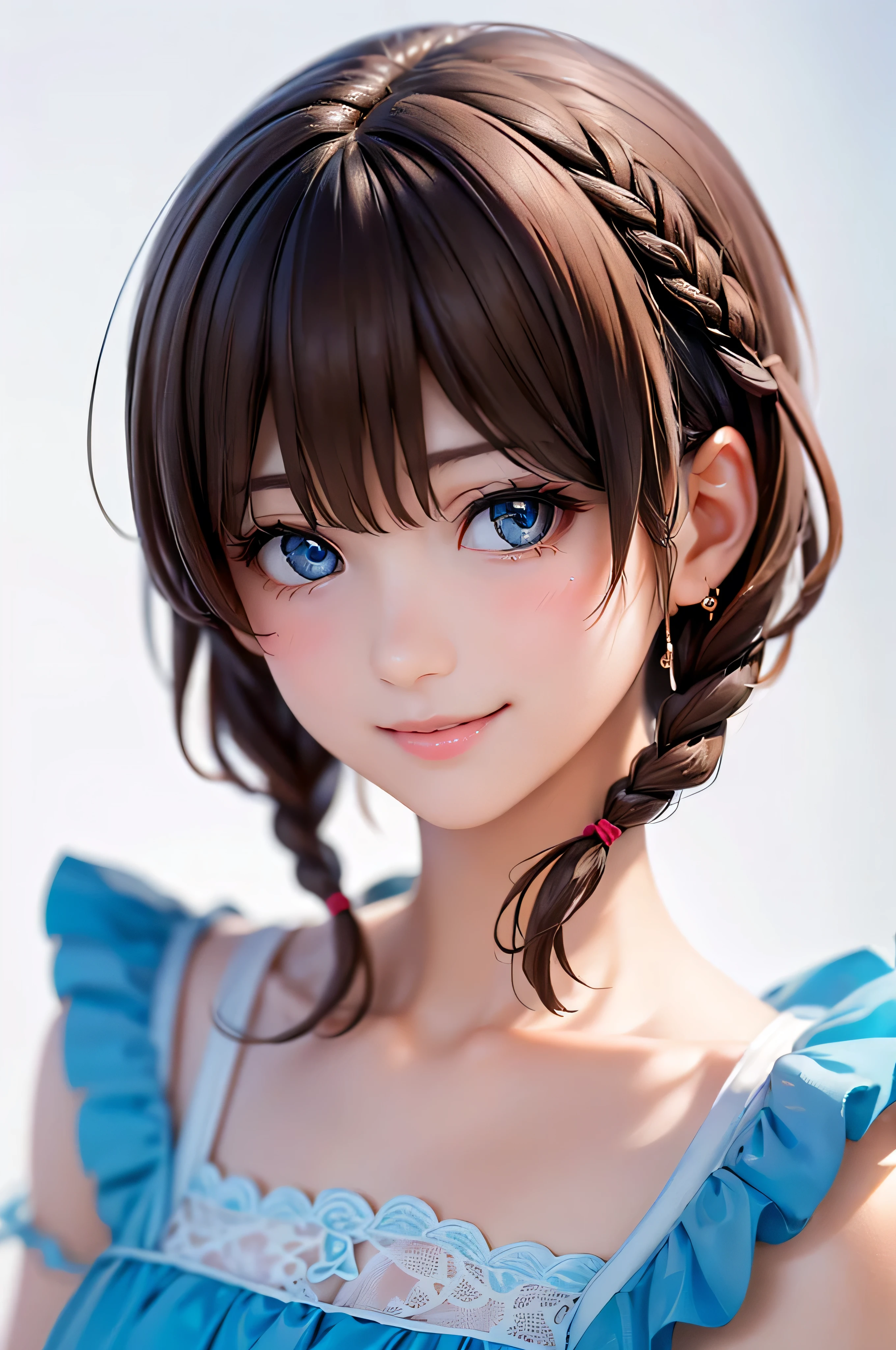 baby face, ( brown short hair :1.5,Halterbra:1.5,Short braids:1.5), (photorealistic:1.8), (masterpiece,  sidelights in the form of drops, Exquisitely Beautiful Eyes: 1.5), masterpiece* portraits, realistic, 3d face,(cute face), front view: 1.6、 ( sparkling blue eyes :1.2),plump face:1.5,(We say:1.5)、(charming smile:1.2),Rosy Mouth, because I get used to &#39;, abs, shiny hair,  brown tanned skin , glowing skin flowing down the forehead: 1.5、medium chest,Chest、alone,(stand)、wet skin flowing with water drops、(Thin micro bikini:1.4)、(character focus:1.5、 portraits:1.5、Photo of the upper body above the waist), (Midsummer Beach Background:1.4), blue sky, blue sea,