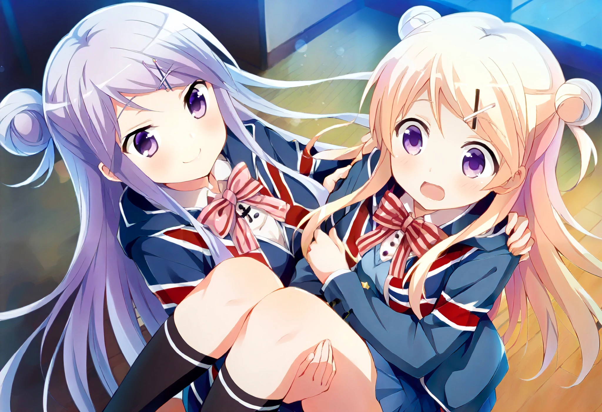 p0vpr1nc4rry, The Princess Is Carrying, Carrying Person, from above, Aside, Lying in Your Arms, indoors,  dark, very  dark、 Gold、ribbons、bow tie、chest、Floating hair、bun hair、hair ornaments close to the garden、hair clip for hair、jacket、Kin-iro mosaic、Karen Kujo、long hair、Medium breast、Moeko High School uniform、purple eyes、school uniforms、 shirt、シングルbun hair、skirt、star（ symbol）、 Union Jack、x のhair ornaments close to the garden、