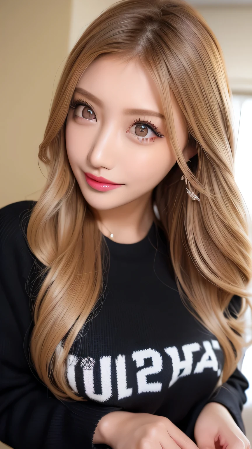  (超 nothing ,  Masterpiece,  anatomically correct,  textured skin,  super detailed,  highest quality,    nothing , 8k, bloom,     front light  :1.2,  perfect dynamic composition), (24 years old, 1 person, Cute and sexy tutor, G-cup big breasts, sexy face, gal makeup, 、  Half open sexy lips 、     beautiful woman、(     Black sweater     , Sexy cleavage:1.1)、Perfect big breasts、( blonde alone      :1.1)、     beautiful skin that shines with bright,  Glossy lipstick  、 big lips,x  ornament ,  ornament , duck face, Duck mouth、Focus on the lips,  brown lips 、 Duck mouthにセクシーな唇、 half open duck mouth lips、　 a lot of people stand out with clear images    、     bright color contacts       、Perfect gal makeup、    Perfect for an adorable companion  、(  Dark makeup for women      :1.2)、(             dark brown beige around the eyes             :1.1)、             Beautiful Bright Eye Shadow             、       dark sexy makeup around the eyes       、(Big Breasts:1.2)、       super long wavy hair       、(Romantic affection:1.1)、 amazing adult sex appeal The best smile he has when he sees me      、(       there are many people that accentuate body lines     ..:1.1)、(   strongly blurry  、       a   。:1.1)、(  The image is clear 、      jacket    :1.1)、       accurate anatomy、       ultra HD hair、(       超 nothing の完璧な美しい歯:1.1)、Ultra HD beautiful face   、       ultra HD hair、  crystal clear bang 、Ultra HD Shining Eyes、輝く       超 nothing の美肌、       超 nothing の艶やかな唇、       Harry Winston necklace       