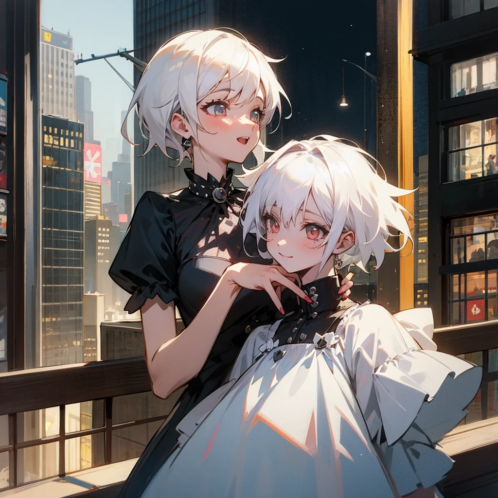 (best quality,cute girl), (albino), [Upper body, Happy, Despair], (dress, Punk fashion), (dress, Punk fashion), Gotham City, Night, Financial district, Natural park, Suburban, American comics