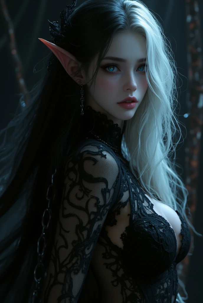 Rihanna with white makeup and elf ears posing for a photo, portrait of a goblin, a portrait of an elf, portrait of an elf queen, dark elf, big breasts, beautiful legs, walking, long dress, barefoot, very cute elven top model, beautiful dark elf countess, dark elf maiden, very cute elf portrait, dark elf princess,  female elf, fantasy portrait, dark fantasy portrait, detailed matte fantasy portrait, medium breasts, long neckline, black tulle fabric, dark style, dark, dark forest.