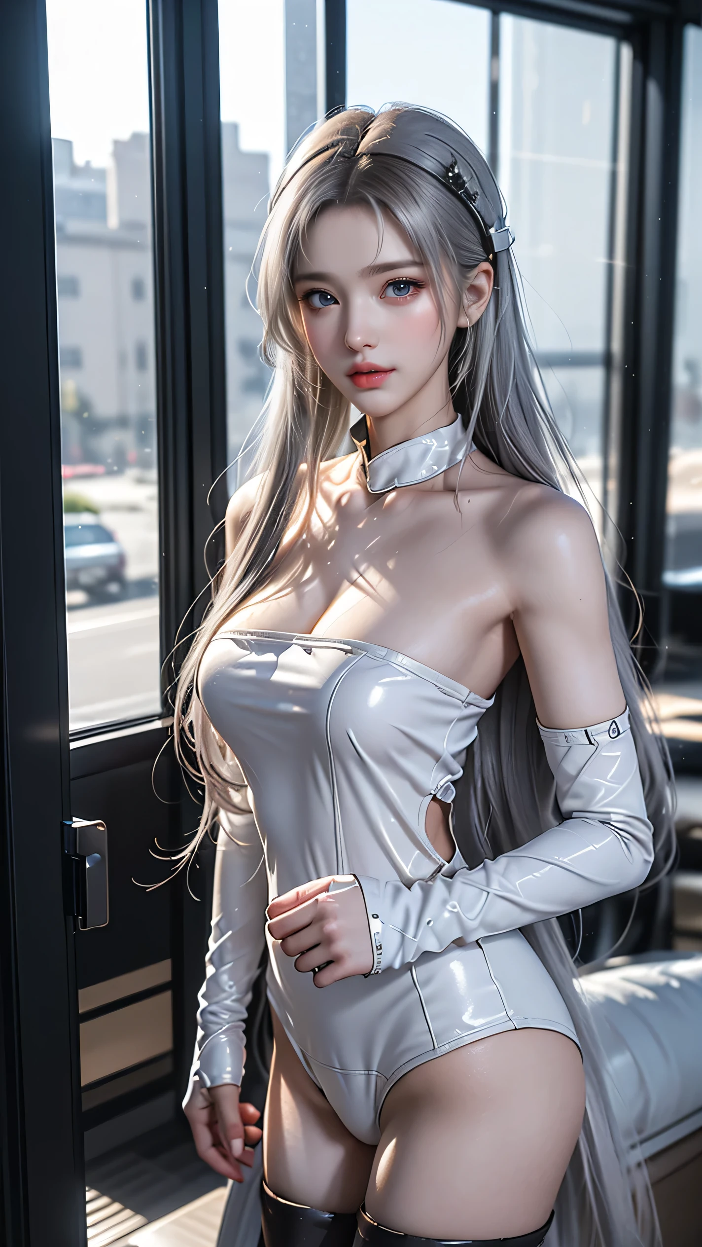 A highly detailed, hyperrealistic portrait of a beautiful anime girl with long flowing white hair, piercing blue eyes, and a voluptuous figure, (best quality,8k,highres,masterpiece:1.2),ultra-detailed,(realistic,photorealistic,photo-realistic:1.37),HDR,studio lighting,extreme detail description,professional,vivid colors,bokeh,digital painting