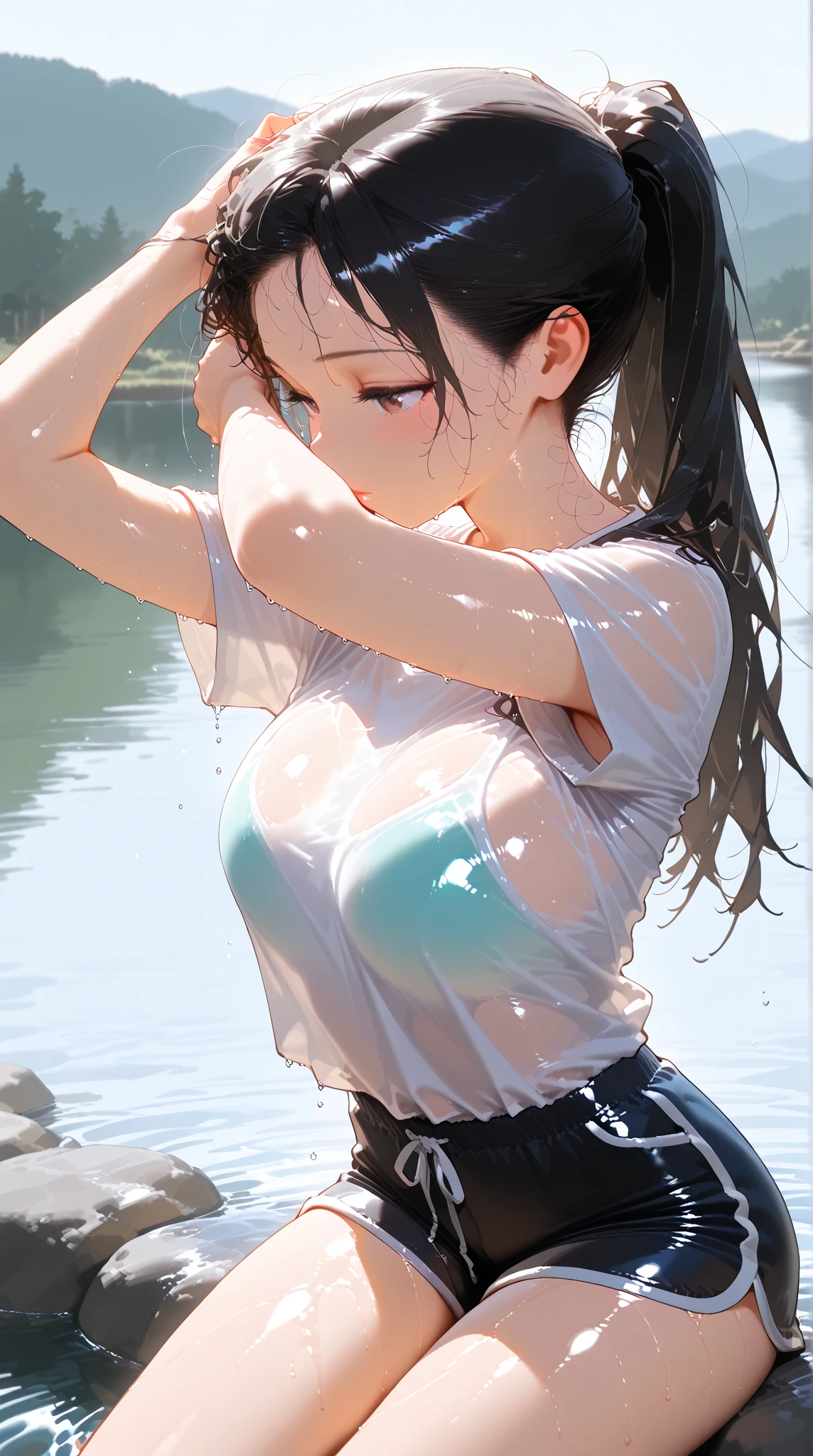 1 girl, single, blue sky, (((wet white shirt)))), ((no bra))))), exposed shoulders and entire navel, no pants, ((((wet thin line thong panties)))), almost completely naked, nsfw, panties almost transparent, (((delicate private details)), (((thin line thong panties))))