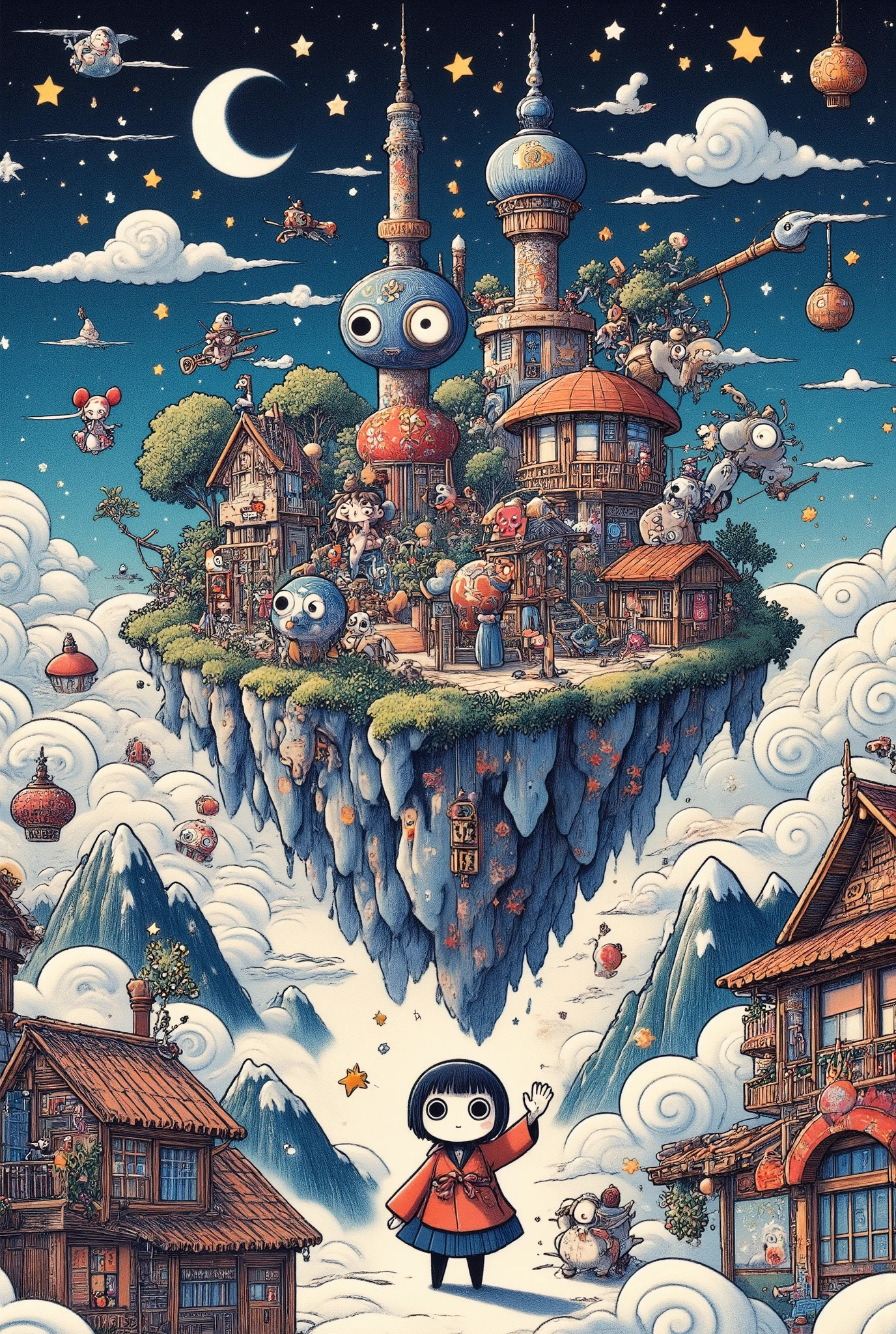 An island in an amusement park town like Disneyland floating in the night sky above the clouds, a large deformed girl waving her hand, Wonderland, ultra detailed, absolutely resolution, masterpiece