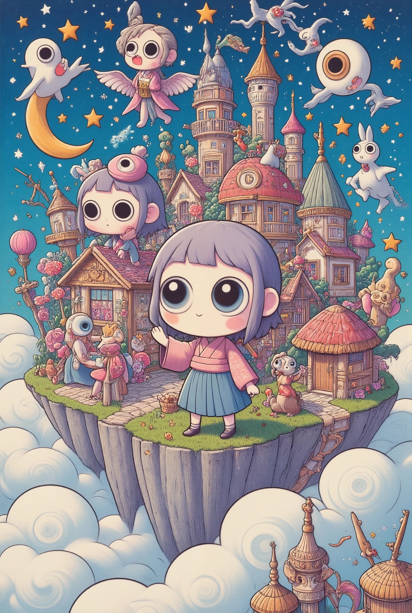 An island in an amusement park town like Disneyland floating in the night sky above the clouds, a large deformed girl waving her hand, Wonderland, ultra detailed, absolutely resolution, masterpiece