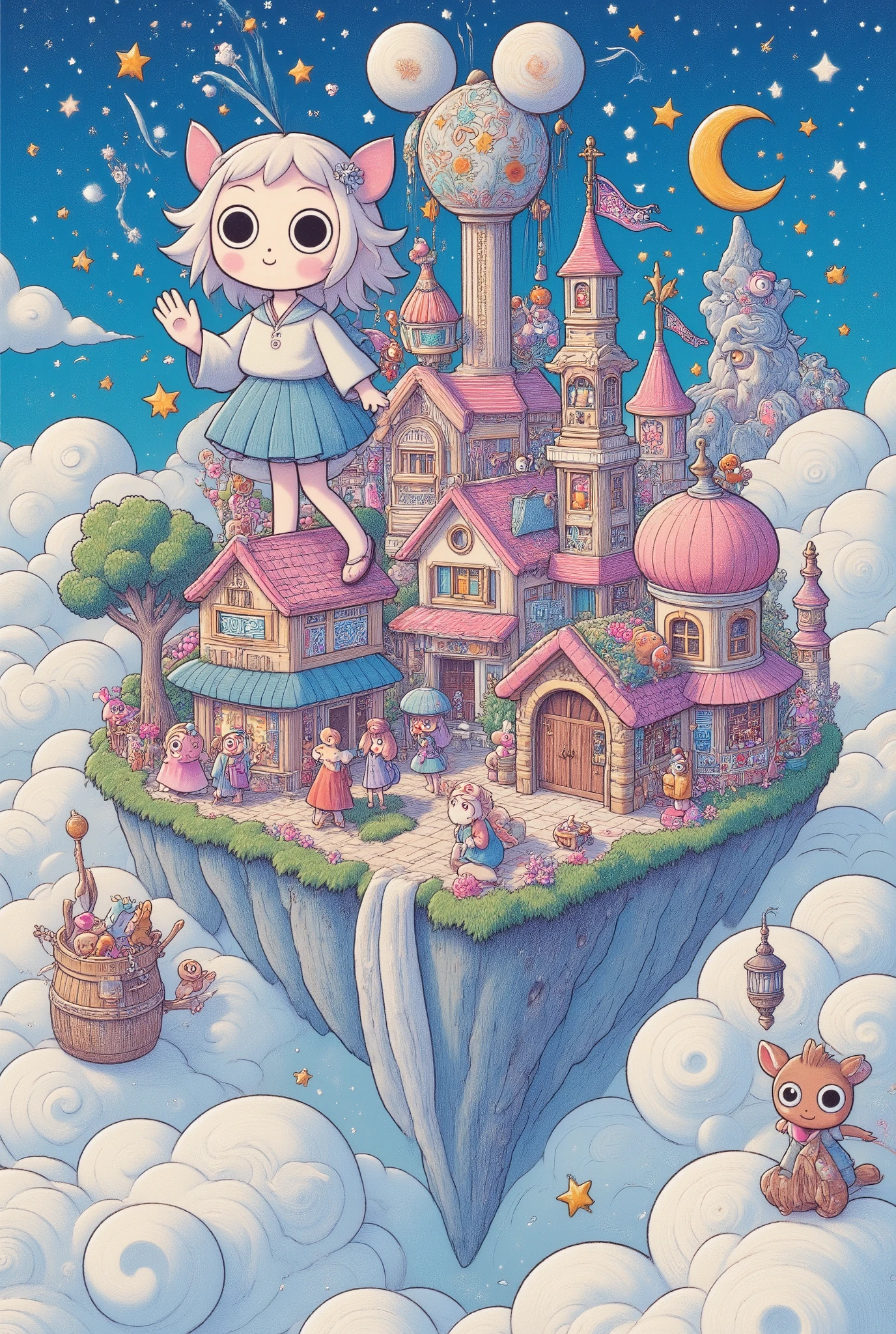 An island in an amusement park town like Disneyland floating in the night sky above the clouds, a large deformed girl waving her hand, Wonderland, ultra detailed, absolutely resolution, masterpiece