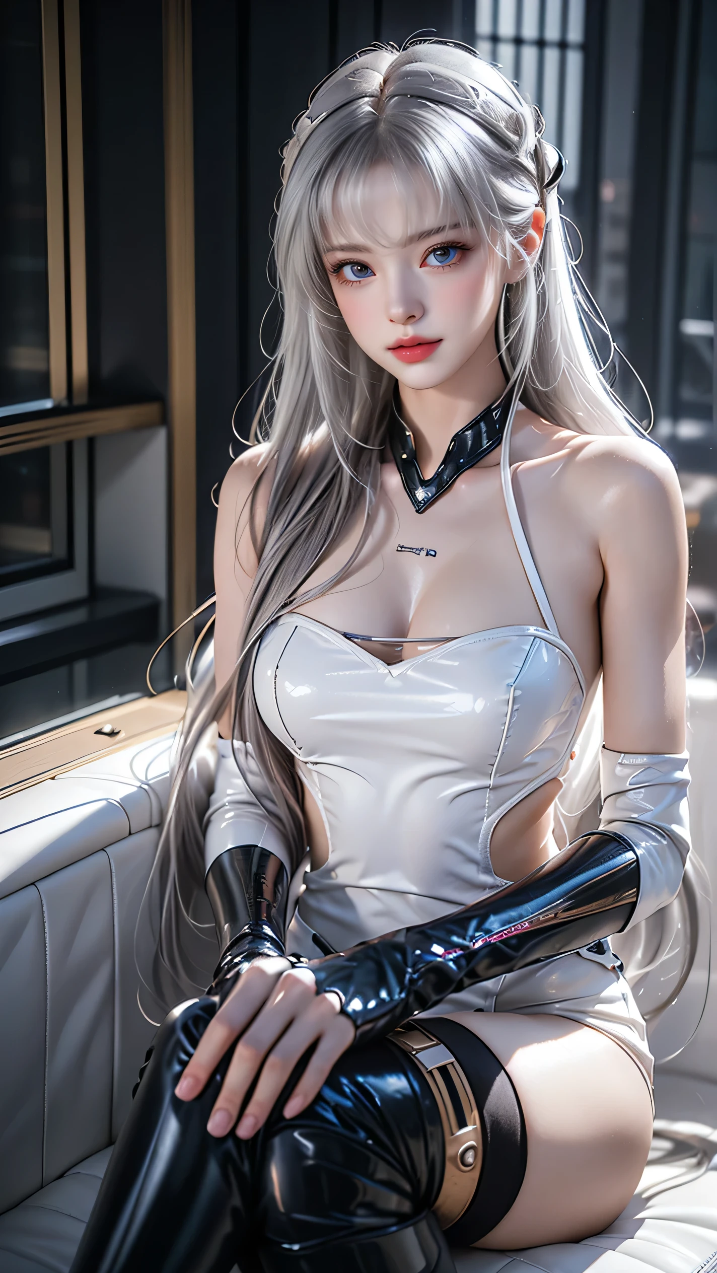 (Best quality), ((Masterpiece), (oilly skin:2.0)(detail: 1.4), 3D, A beautiful cyberpunk woman, hdr (HighDynamicRange), Ray tracing, NVIDIA RTX, Hyper-Resolution, Unreal 5, Subsurface scattering, PBR textures, Post-processing, Anisotropic filtering, Depth of field, Maximum Sharpness and Clarity, Multi-layer textures, Albedo e mapas Speculares, Surface coloring, Precise simulation of light-material interactions, Perfect proportions, rendering by octane, Two-colored light, largeaperture, Low ISO, White balance, Rule of thirds, 8K raw data, Confused eyes, fascinated, Shy, Delicious, Delicate, Erotic lingerie, Black lace, Lace shorts, Bare waist, , Exposed breasts. exposed, Leaked, Beautiful, Sexy, Sexy, Sexy, glass breaking, Translucent broken, White coat, coat falling off,, Pure light, Charms, Tattoos on the body, Gray and white leather pants, Inclusions, Long hair, Very long hair, Curly hair, Wear leather pants