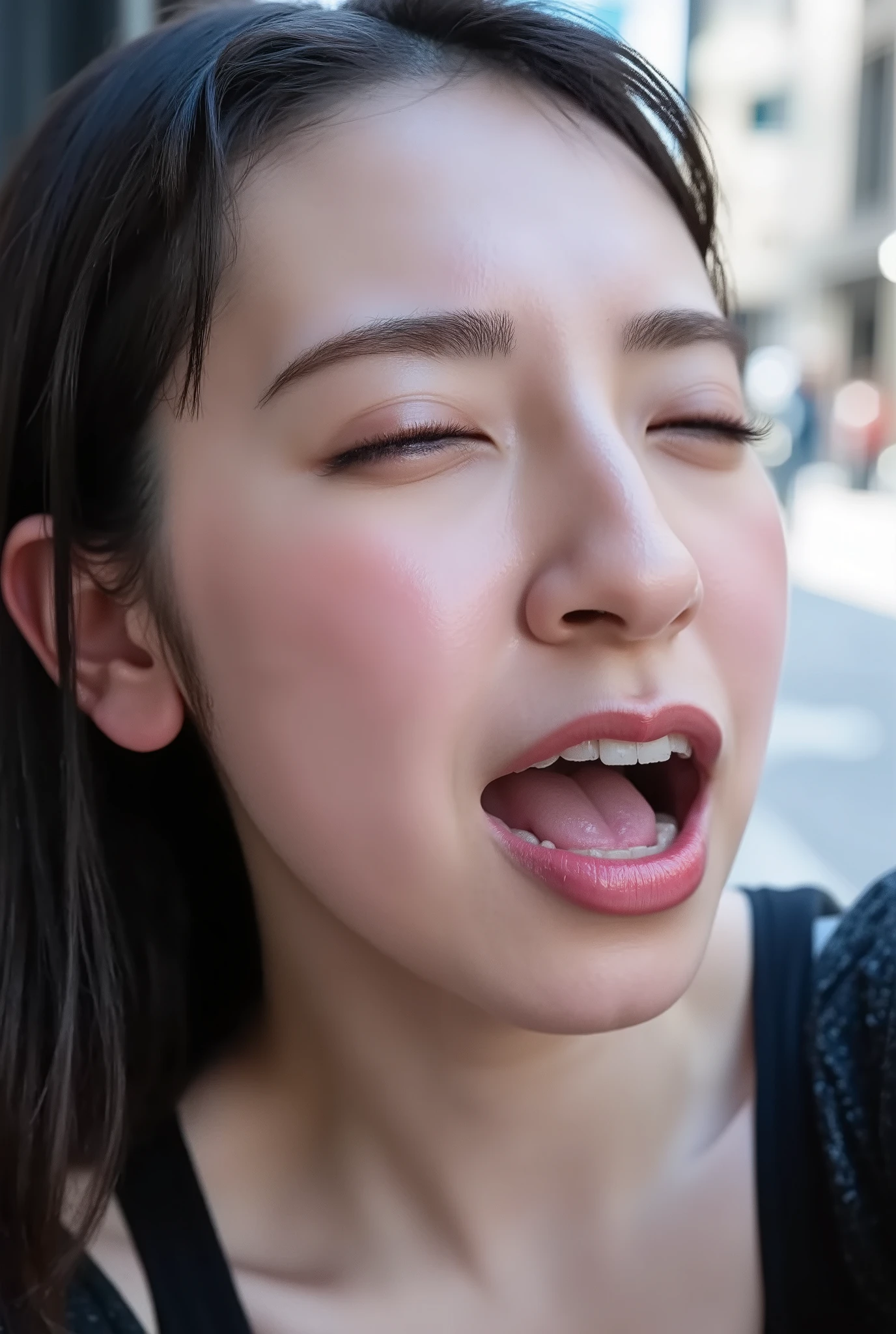 woman images,、Face close-up、Smooth Skin、masterpiece、Highest quality、8K Photo、woman, Age 25、girl、From below,(((Close ~ eyes,Look Up,furrowed brow, screaming)))