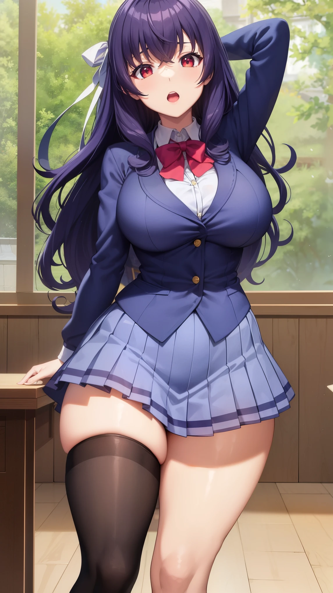 Busty ,thick mature , Good move, wide hips,Good eyesight , purple hair ,red eyes , medium hair, open your mouth,,cowboy shooting,hair bow,,school uniform ,skirt,white thigh high socks