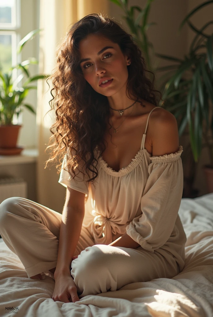 (photorealism:1.2), beautiful woman, sitting on bed, wearing loose off-shoulder top, pajama pants, long curly hair, indoors, soft lighting, plants in background, window with sunlight, cozy room, relaxed pose, realistic, intricate details, warm colors, by Greg Rutkowski, by Alphonse Mucha