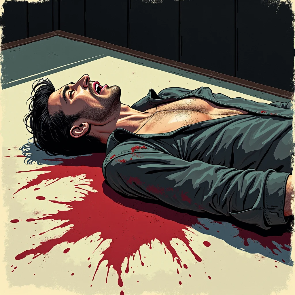 4K, realistic, very detailed, a man lying on the floor of a room with his head bleeding. --auto --s2