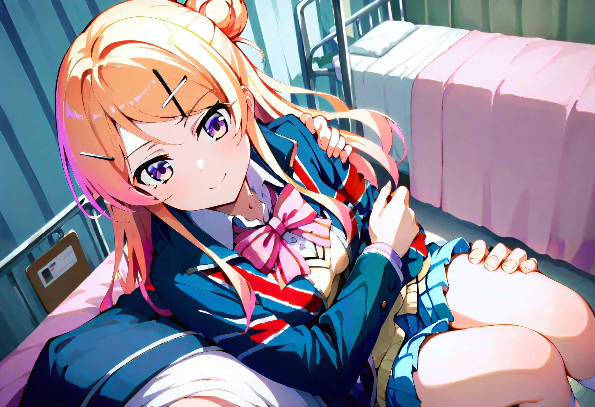 kujo karen, long hair, medium breasts, blonde hair, purple eyes, single hair bun, x hair ornament, union jack, jacket, pink bowtie, school uniform, shirt, blue skirt,pov, p0vpr1nc4rry, princesscarrypose, carrying person, from above, on side, lying on arms,infirmary