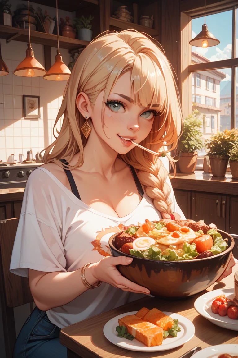 A woman in a tight tank top, tight hot pants and thong eating chili con carne at a Mexican food stall highest quality A bottle of cola is on the table