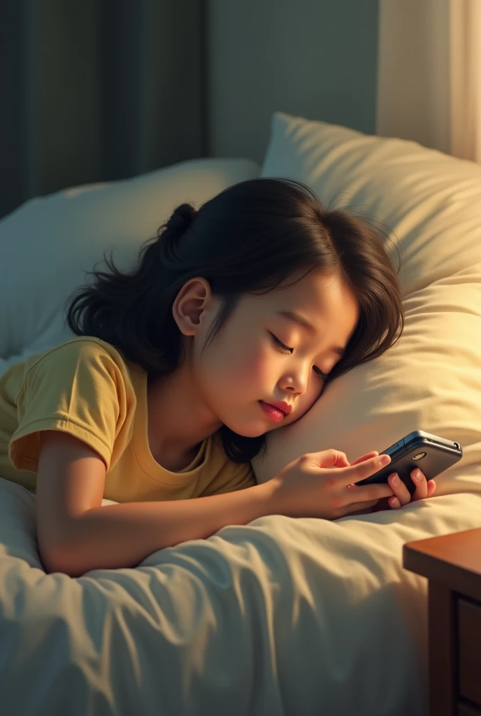 Alafeld's girl holding a teddy bear and a cell phone, checking her phone, checking her phone, she is holding a smartphone, Young Asian girl,  portrait shooting, Uptrend ，, someone sits in bed, E-Girl, e - girl, during night, Children, teens girl，nightlight, Low-key, night time low light, dim and dark lighting
