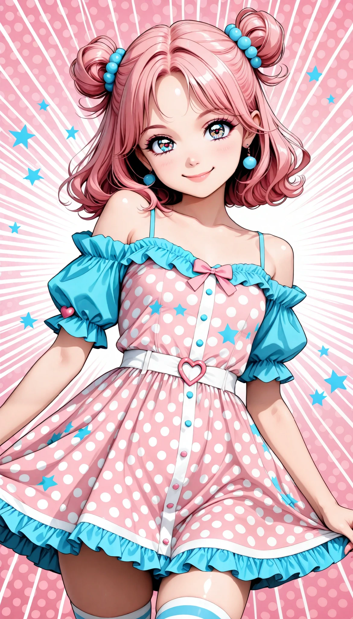 cute young girl, (big eyes), (Small face), ( High Detail Skin :1.2), cute face, playful expression, Beautiful appearance, (comic style eyes , Retro Hairstyle , cute pose, smile), pop art, colorful, bright color, pastel color, (detailed clothes, frill dress, polka dot dress, Off Shoulder, puff sleeve, striped stockings), pin-up style, ( Pastel Pink Background , popping candy background), pop art スタイル, Fantastic, Interesting, bright style , (top quality, very detailed, CG illustration, masterpiece:1.2, Aesthetics at its best).