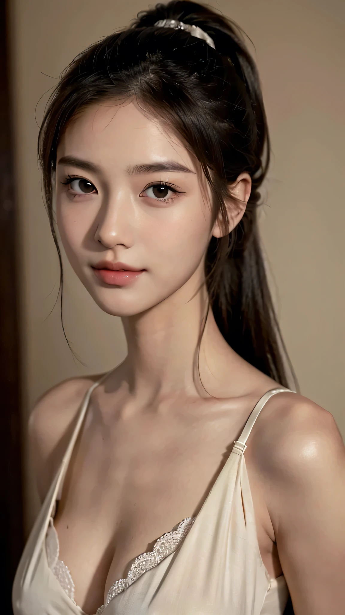 Lipstick in hand,Cosmetics commercial style,Commercial filming studio,close up face,fully body photo,masutepiece, The highest image quality, High quality, the background is clear，Beautiful woman, Japanese, Detailed, Ultra-detailed, finely detail, hight resolution, 8K Wallpaper, Perfect dynamic composition, Beautiful detailed eyes ,Detailed eyes, Detailed skin, Beautiful skin, 超hight resolution, (reality: 1.4),Very beautiful woman, Slightly younger face, Beautiful skin, slender, (Ultra photo realsisim), (hight resolution), (8K), (Very detailed) (beautifully detailed eyes), (super detailed),   (Detailed face), view the viewer, Fine details, Detailed face, Staring straight ahead, Staring straight ahead, photos realistic, Bright lighting, Professional Lighting, Black hair,poneyTail,a baby face,sixteen years old,Hairstyle: ponytail,Long ponytail hairstyle,slight smile,