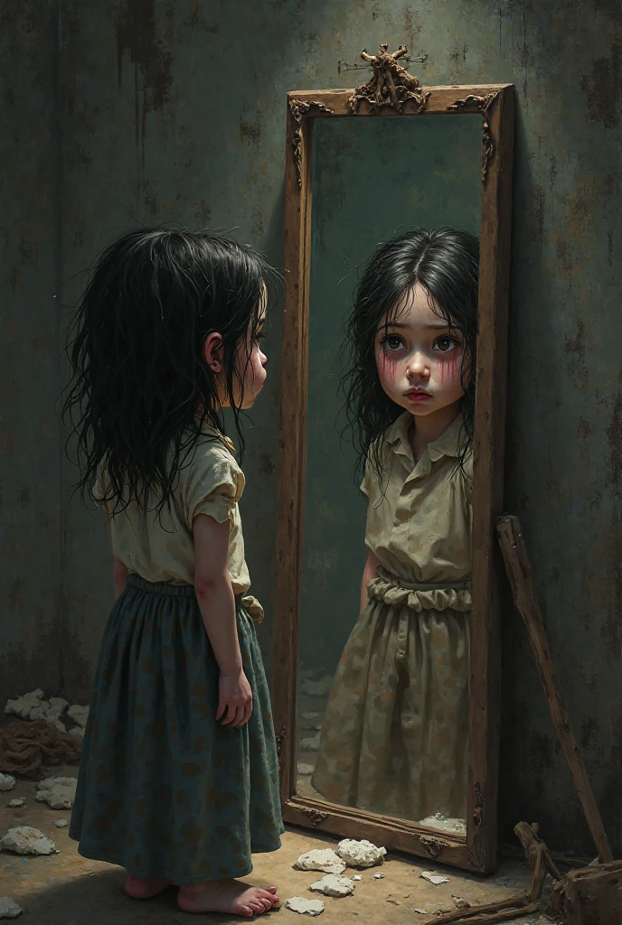 A girl looking sadly in the mirror while her mother scolds her