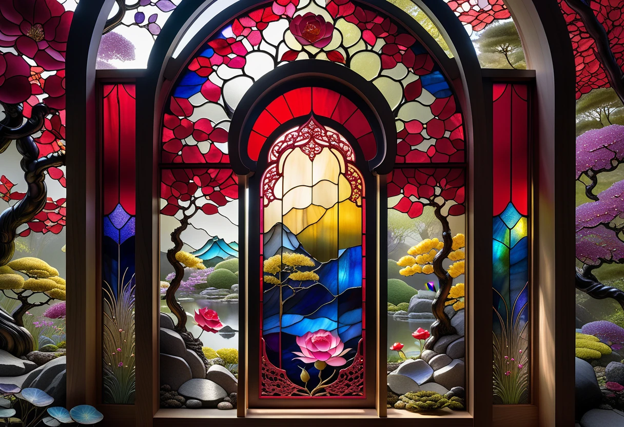 three primary colors, film, clear glass Japanese garden, ruby rose flower, baroque, craora, highly elaborate stained glass, amethyst crystal, iridescent labradorite crystal, Andy Kehoe, John Blanche, intricate and highly elaborate background, fantasy, filigree, intricate filigree, intricate