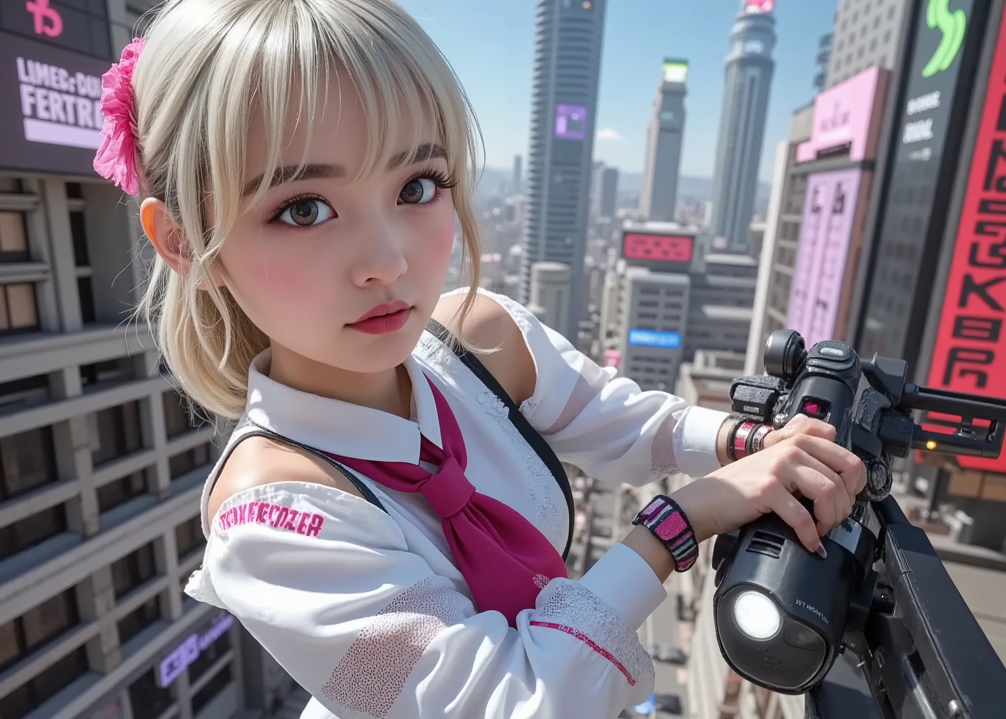 Cyberpunk girl riding a drone、cyber city sky、 platinum blonde hair, futuristic hairstyle, accessories, Neon Accents, Brilliant Makeup , stylish 3d rendering, super detailed, Cinematic Writing, Proximity, tech fashion, sci-fi atmosphere , digital art , complicated details, bright colors, photorealistic texture, character design, urban dystopian background