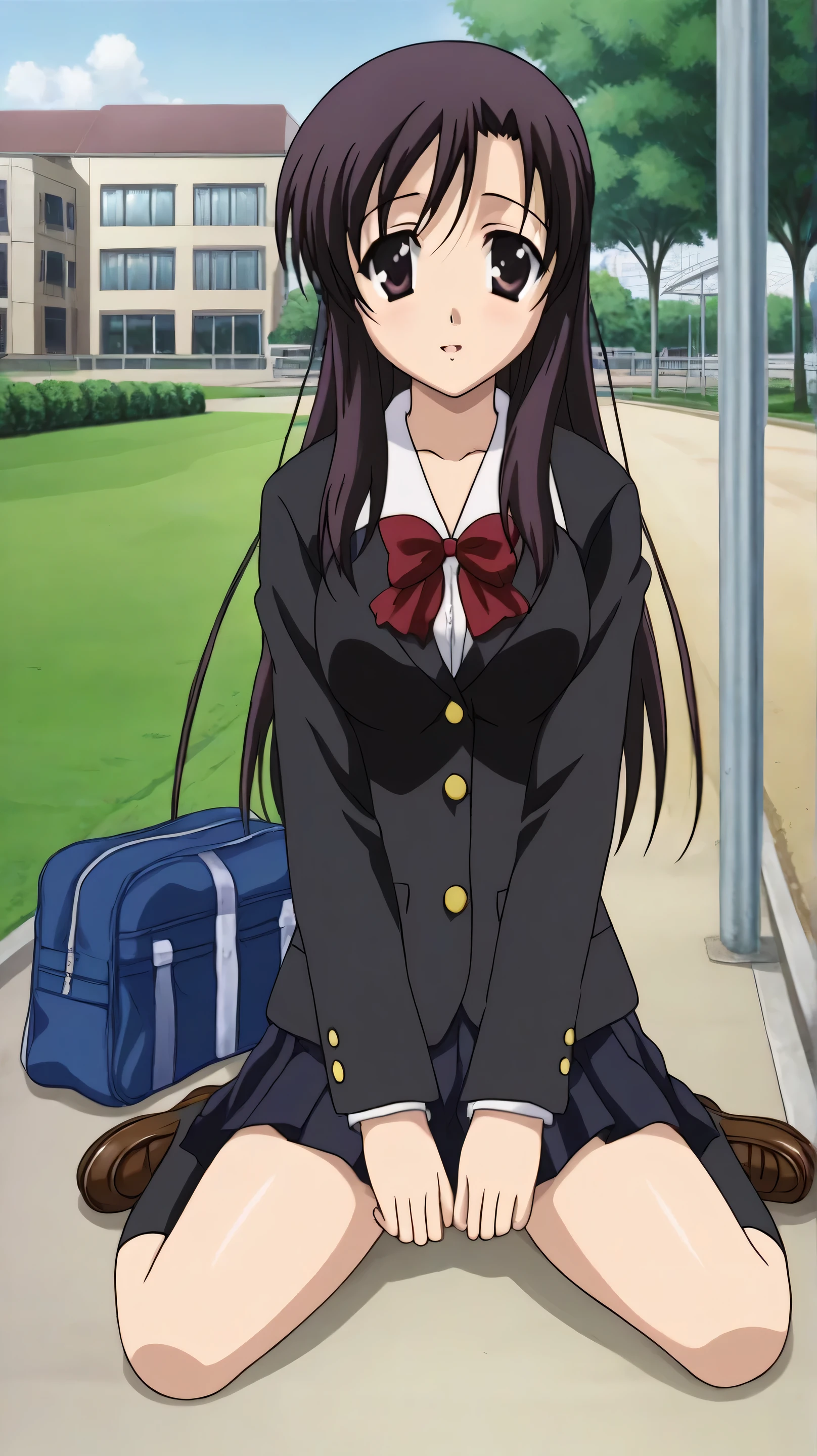 a girl, Anatomically correct, posing, full body, uniform, in love, in public, Kotonoha Katsura, school day, anime style, front view , Covered with the sun, Park, sitting