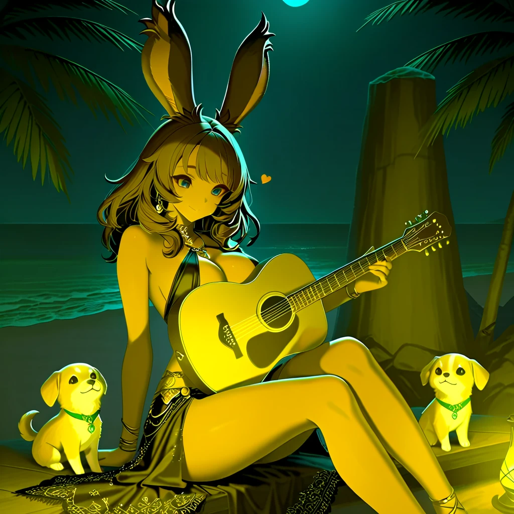 Alone rabbit, fantasy race, large breasts, bard, smallest bikini, blond hair, yellow rabbit ears, yellow rabbit tail, rabbit people, musical instrument, rabbit legs