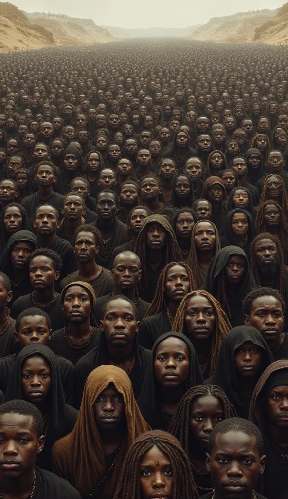 Many people put black paint on their faces. Everyone is looking ahead.