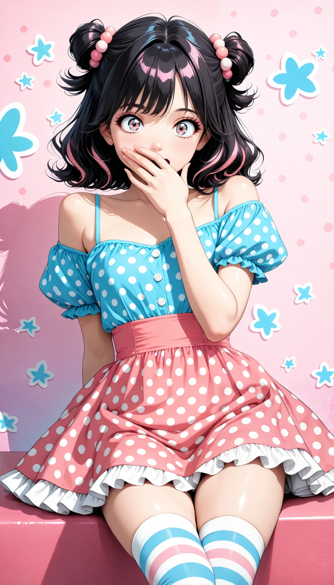 cute young girl, (big eyes), (Xiaoyan), ( High Detail Skin :1.2), cute face, playful expression, Beautiful appearance, (comic style eyes , Retro Hairstyle , hand covering mouth, surprised), pop art, colorful, bright color, pastel color, (detailed clothes, frill dress, polka dot dress, Off Shoulder, puff sleeve, striped stockings), pin-up style, ( Pastel Pink Background , popping candy background), Perfect Face, perfect hand, perfect legs, perfect fingertips, pop art スタイル, Fantastic, Interesting, bright style , (top quality, very detailed, CG illustration, masterpiece:1.2, Aesthetics at its best).