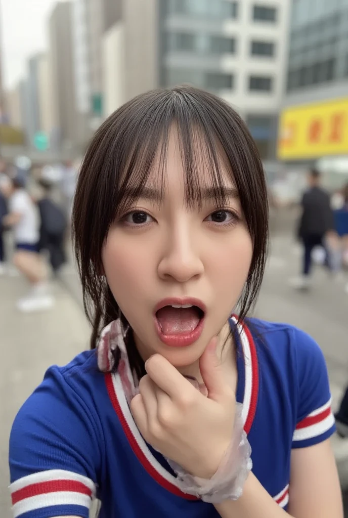 12 year old girl、facial、Covered in semen、((A lot of semen))、(Open your mouth)、Angle from the front、Tennis uniform、Pink Shirt、ponytail