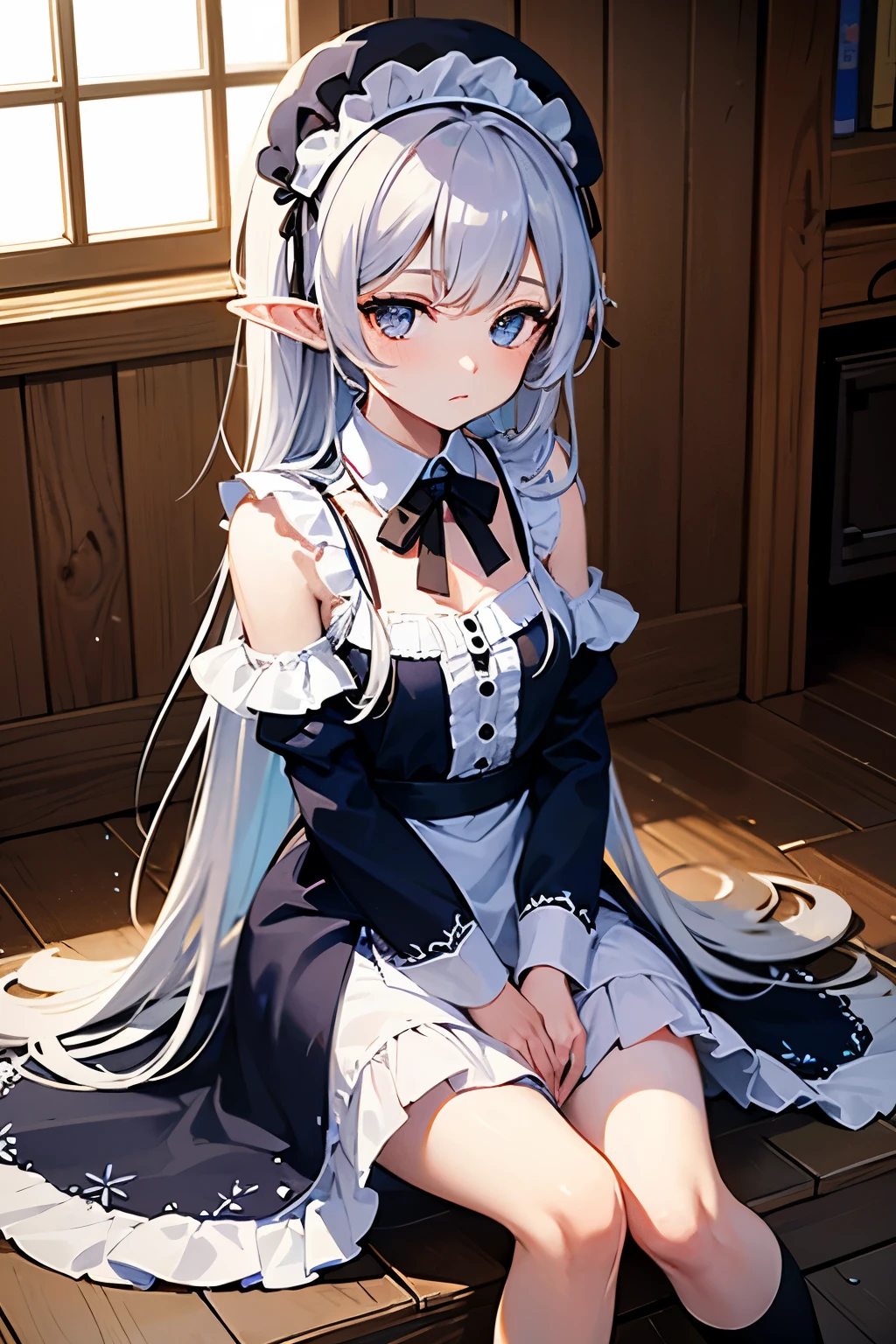 A maids, (in bedroom), various hair styles, night, details face, short skirt, seducing, sleeveless, maid uniform, armpits, elf, lay on bed