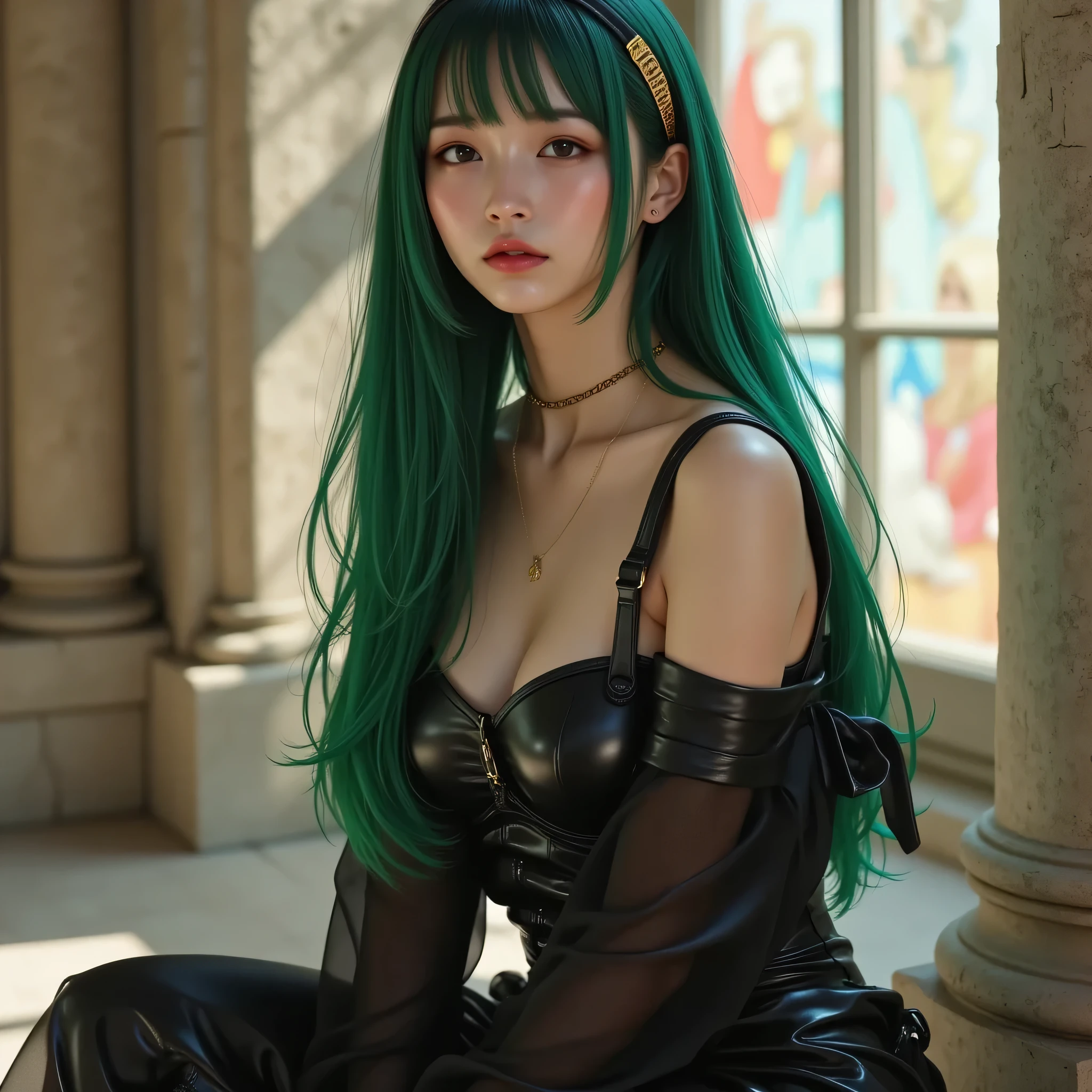 The character is a Japanese beauty, depicted in a hyper-realistic photorealistic style.、She sits against a dark and mysterious backdrop,。she has glowing green hair,、and she wears a black corset-like dress.。and large, black, devilish horns sprout from her head.、with large black wings spread behind her.。Her eyes are a vibrant green,、Her expression conveys a strong will,。The lighting is soft、The focus is adjusted to highlight her face and chest,、highlighting her beautiful features in contrast to the dark background.。Consists of a vertical screen、The character's details are meticulously rendered,、enhancing the overall realism.。