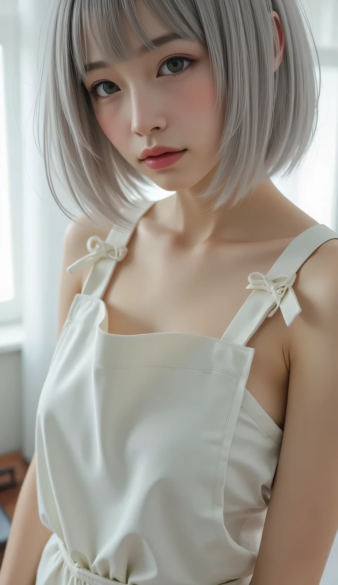 ultra-realistic, photorealistic, dramatic scene, shadow, global-illumination, solo, (age Japanese famous idol girl), very beautiful fragile Japanese girl, very beautiful with very cute but boyish cool face, (very large breasts), (high-light gray hair:1.3), Bob cut hairstyle, (She is wearing a thick large white cooking apron:1.3), (She has bangs:1.5)