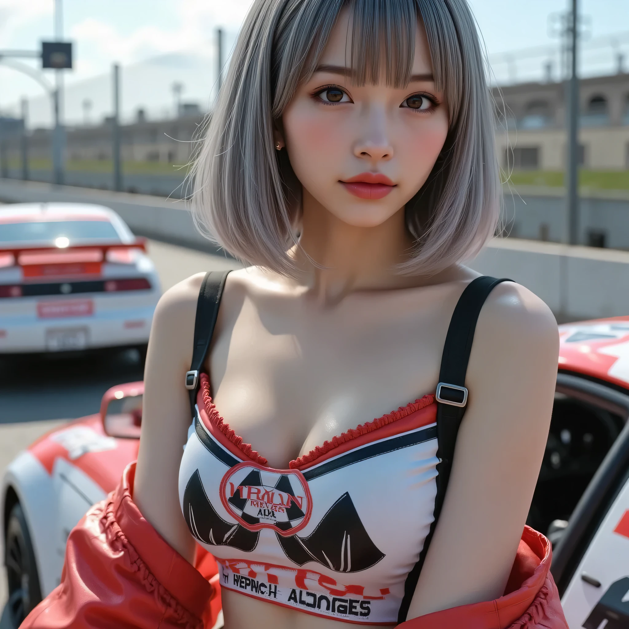 ultra-realistic, photorealistic, dramatic scene, shadow, global-illumination, solo, (age Japanese famous idol girl), very beautiful fragile Japanese girl, very beautiful with very cute but boyish cool face, (very large breasts), , (high-light gray hair:1.3), Bob cut hairstyle, (She has bangs:1.2), brown eyes, (race queen:1.2), (Wearing a grid girl outfit with sponsor's logo printed:1.3), (On the racing car:1.2), (skirt:1.2), sleeveless, , , , , , , , , , , , , , , , , , , , , , , , , , , , , , , , , , , , , , , , , , , , , , , , , , , ,