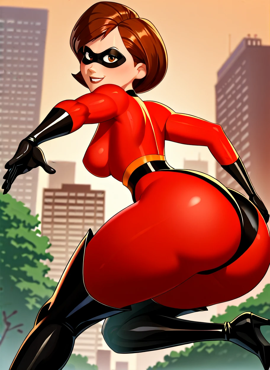 masterpiece, best quality, 1girl, helenparr, brown hair, brown eyes, domino mask, mask, bodysuit, black elbow gloves, thighhighs, ass, view from behind, looking back, looking at viewer, grass, blue sky, meadow background <lora:HelenParr:1>