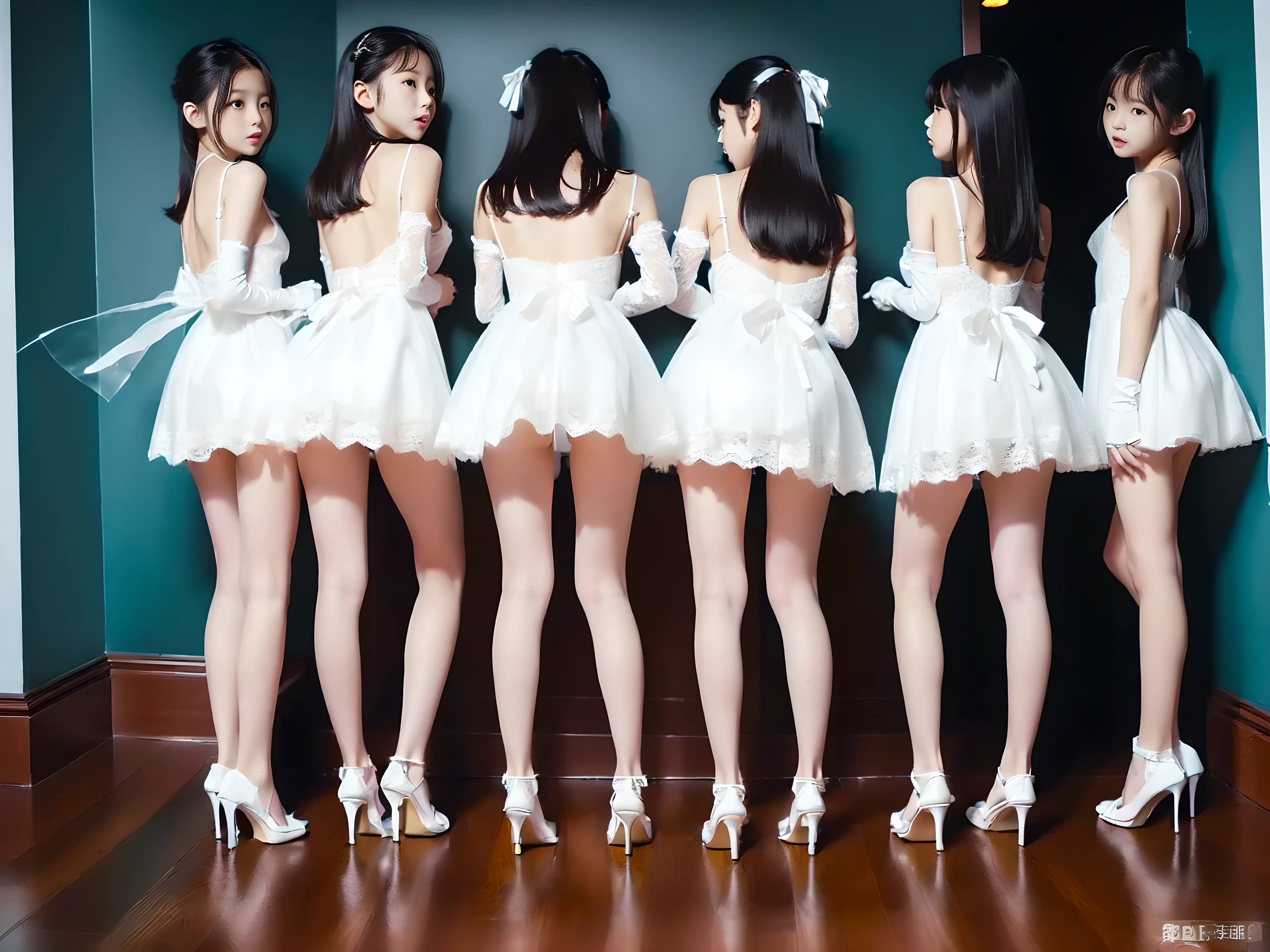 (((Full body portrait:1.5))),(Girls lined up in a line like an army with their backs against the wall, taking a resting position with their legs open and hands clasped behind their backs.),(very cute petite Japanese girls with a slender body and a baby face),(Short stature and skinny body),(short limbs),(extremely cute girls),(very short pure white lace miniskirt),(small breasts:1.5),(white underwear),(thin thighs),(hands behind back),(serious expression),(open mouth vertically),(drunk),(Voyeur from the side),(Look straight ahead),white hair ribbon,white lace gloves,white stiletto heels,own home,Ultra high definition,Highest quality,high resolution,Extremely detailed depiction,super detailed skin