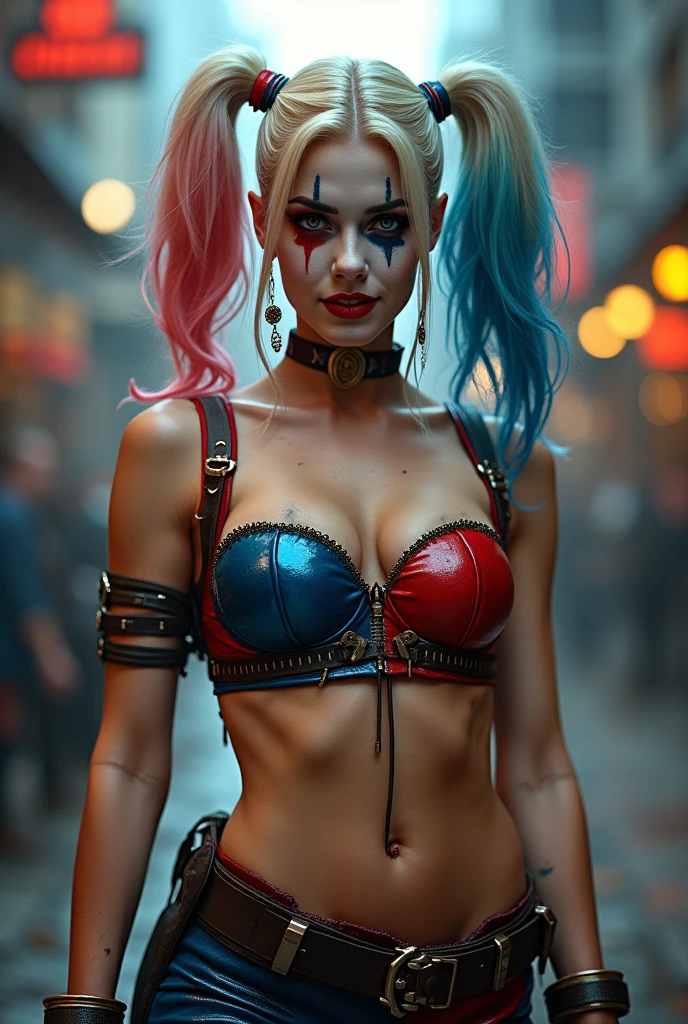 Margot Robbie as Harley Quinn (Suicide Squad movie) wearing a skimpy Harley Quinn (Suicide Squad) outfit, beautiful girl, nsfw, thick thighs, busty, cleavage, not safe for work, nipples, perfect vagina, trimmed pussy hair, thick pubic hair, dark inspired makeup, able to see nipples & pussy through clothing, city background, daylight