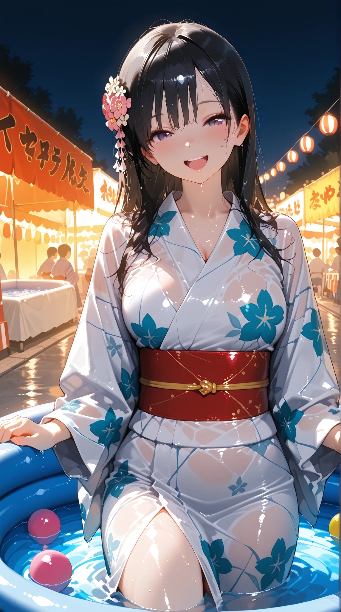 Images of Tanabata and Orihime、Tanabata Day、Park during the day、One female、alone、Masterpiece、Anatomically correct body、Perfect hands、Perfect legs、Slender beauty、Thin thighs、Detailed drawing、Bright screen、Dynamic Pose、Age 25、Tanabata Costumes、White over-the-knee socks、Has a shiny belt、((Wearing a light blue and yellow translucent happi coat))、Accessories with star and paper strip motifetallic bodysuit、Erect nipples、Kneel、Making a wish、