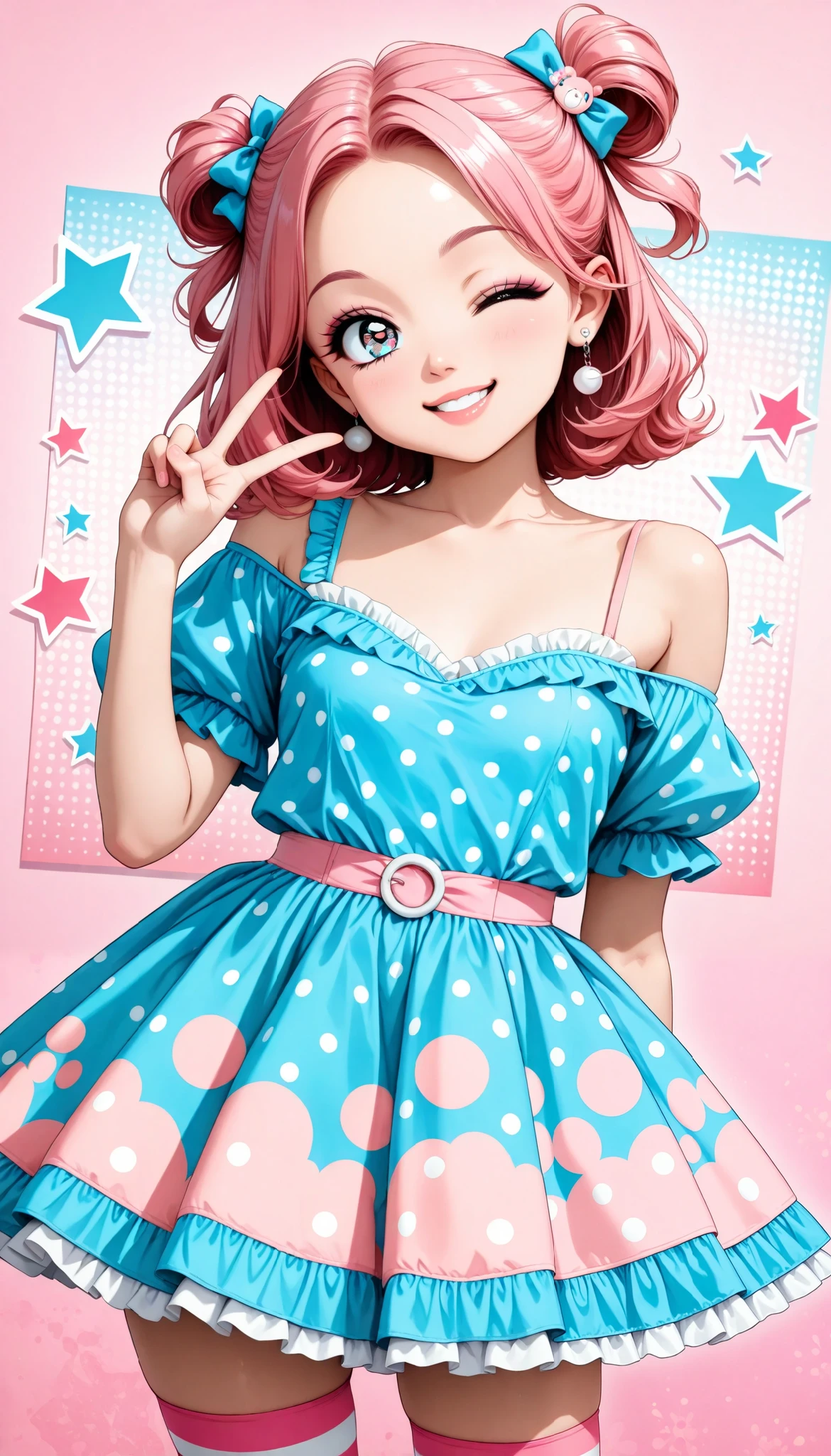 cute young girl, (big eyes), (Xiaoyan), ( High Detail Skin :1.2), cute face, playful expression, Beautiful appearance, (comic style eyes , Retro Hairstyle , V sign next to your face, wink), pop art, colorful, bright color, pastel color, (detailed clothes, frill dress,  polka dot dress, Off Shoulder, puff sleeve, striped stockings), pin-up style, ( Pastel Pink Background , popping candy background), pop art スタイル, Fantastic, Interesting,  bright style , (top quality, very detailed, CG illustration, masterpiece:1.2, Aesthetics at its best).