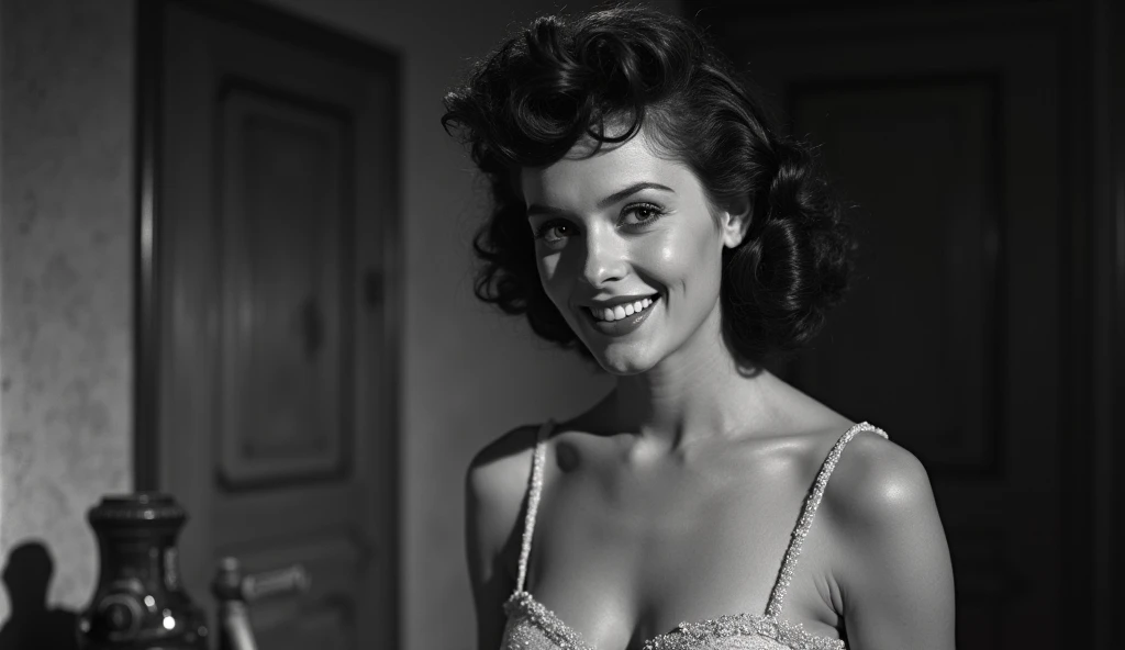 Jean Simmons wearing designer clothes and smiling